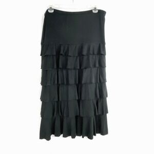 Ann Taylor Loft Tiered Skirt Women's M Rayon Black Ruffled Midi Layered Stretch